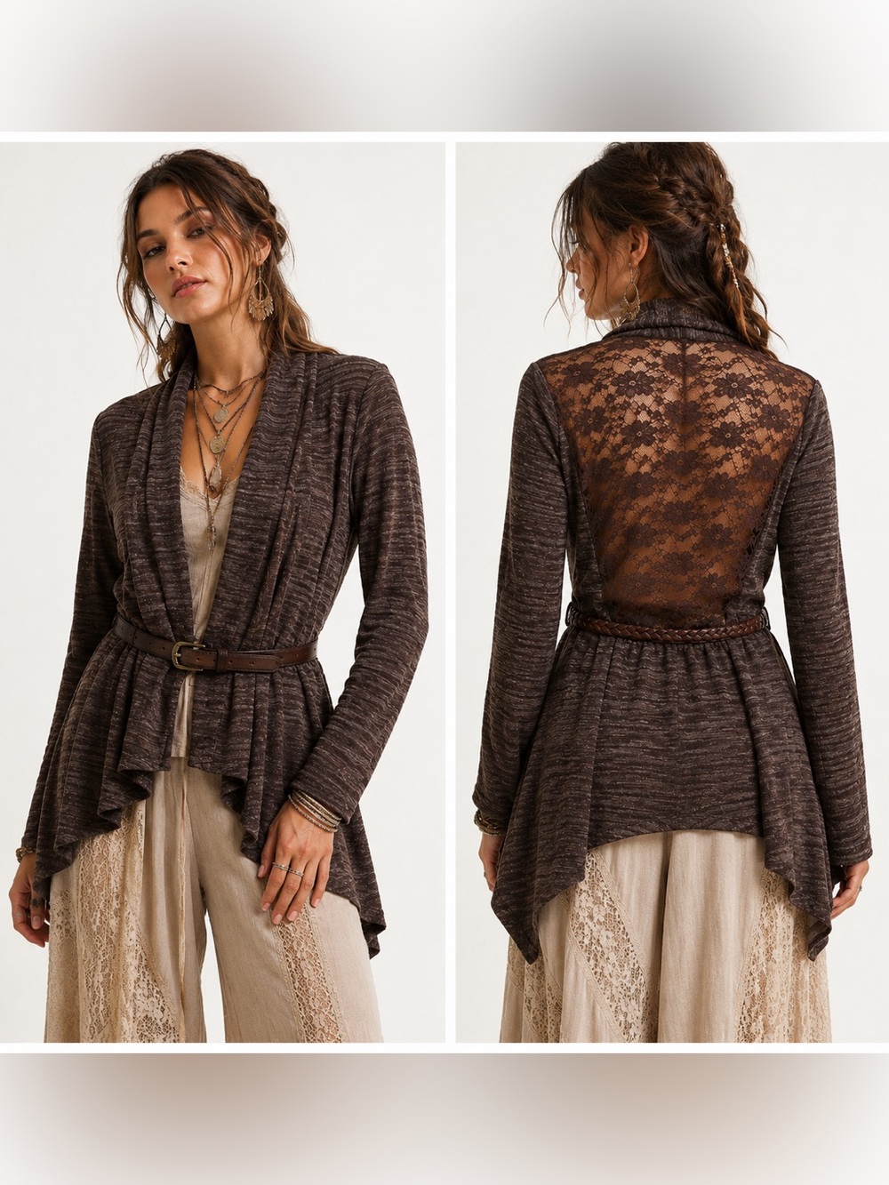 PAPAYA Brown Marled Belted Draped Cardigan Lace Back Boho Art Teacher Top | M